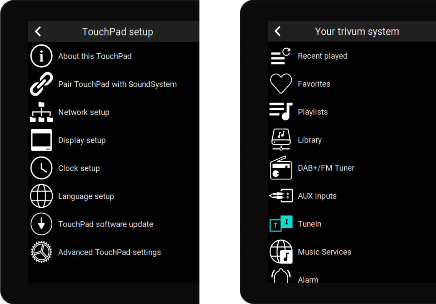 Touchpad main menus